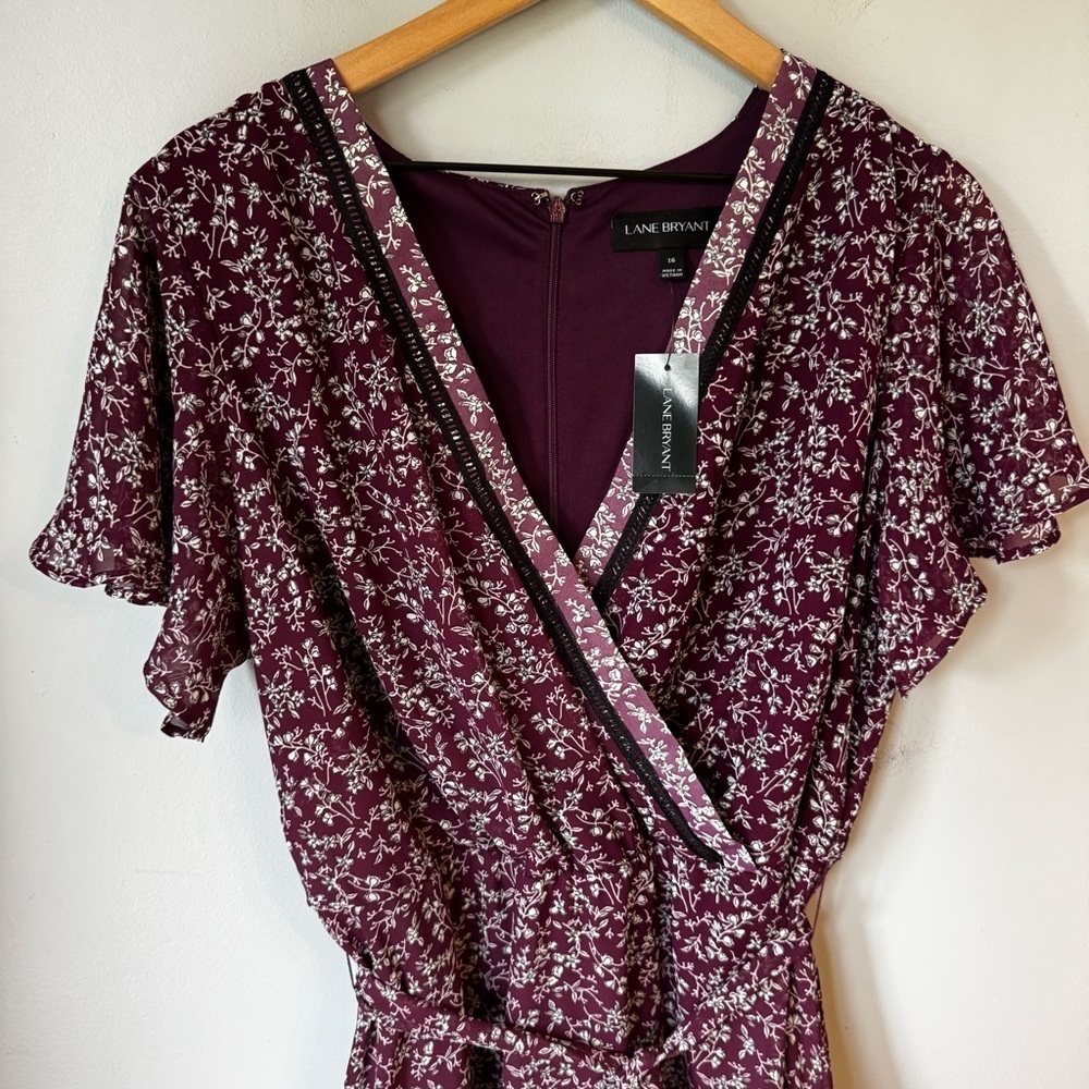 NWT Lane Bryant Boho Wine Floral Split Neck Chiffon Belted Midi Dress Size 16 - Picture 3 of 7